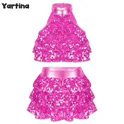 Kids Girls Ballet Jazz Hip Hop Dance Performance Costume Backless Shiny Sequins Tiered Crop Top with Elastic Waistband Skirt