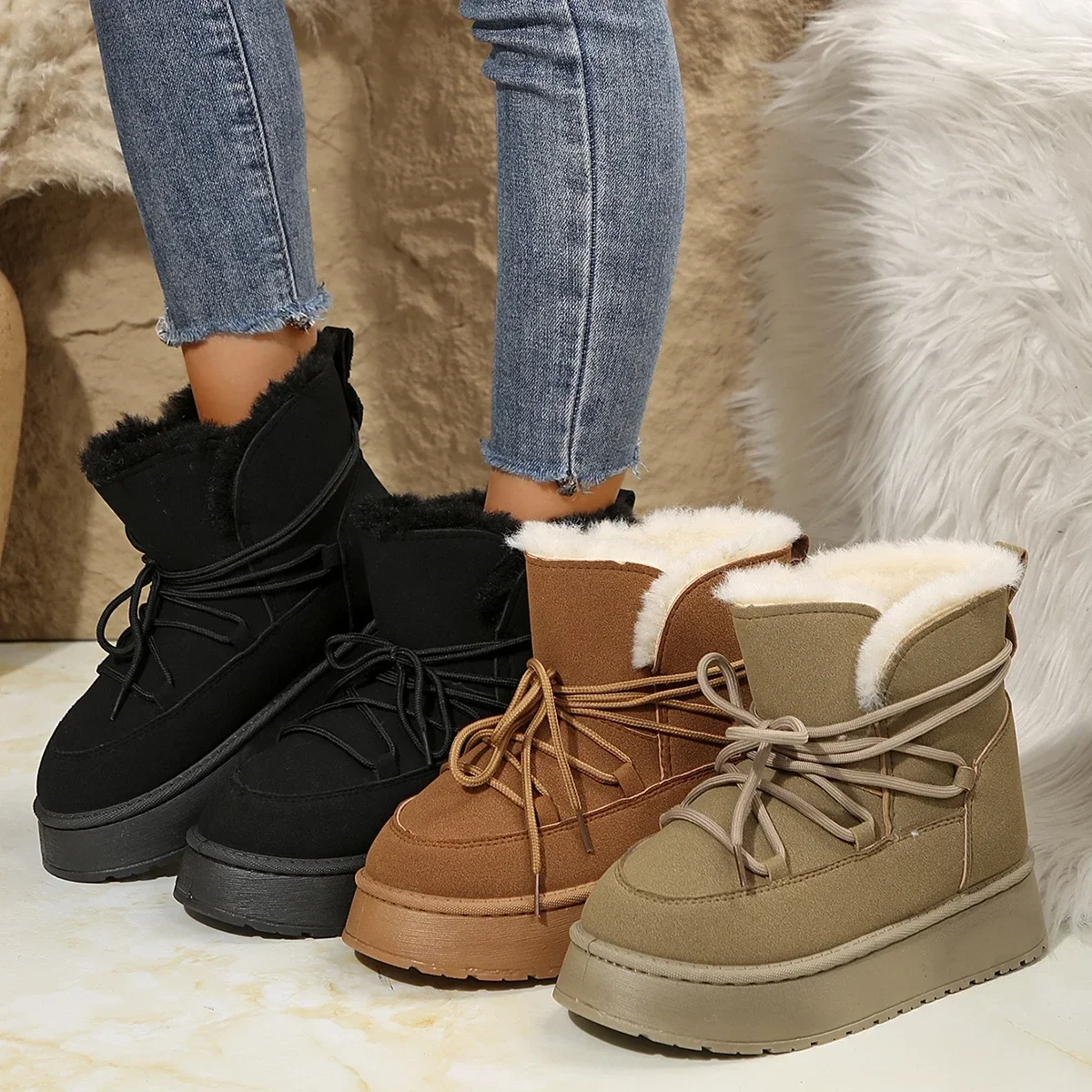 Winter Cold-proof and Warm Ladies Shoes Solid Color Design Women Platform Boots Waterproof Anti-slip Fashion Lace Up Short Boots