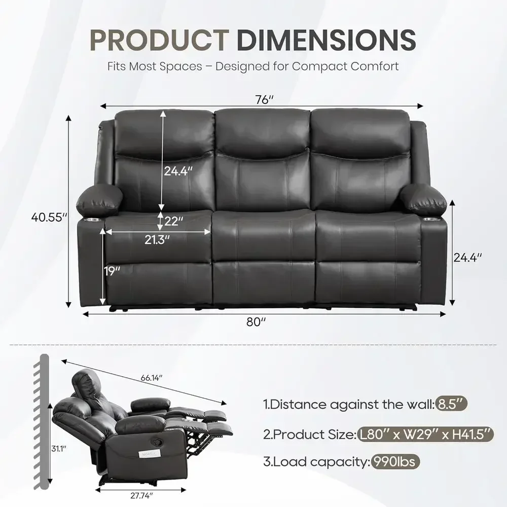 3-Seater Reclining Sofa with Heat & Massage, PU Leather, Deep Cushions, Sturdy Frame (Grey)