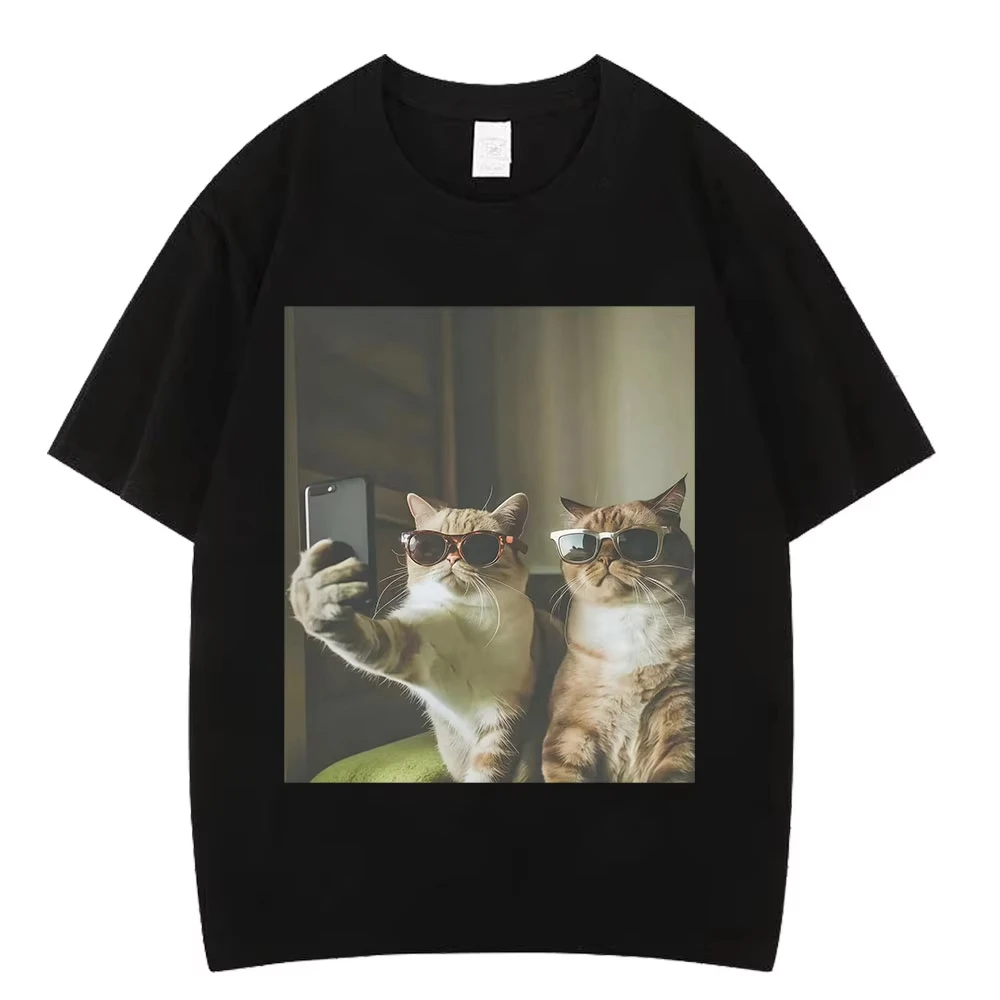 Camiseta Vintage Selfie Buddy con diseño de gato divertido para hombre y mujer, camisetas Harajuku de algodón de manga corta, camisetas informales de Hip-hop de alta calidad
