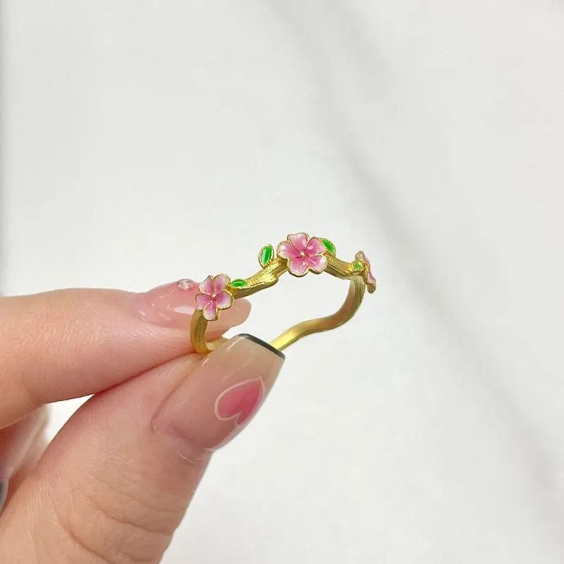 خاتم ذهبي فاخر خفيف على طراز المحكمة ثلاثي الأبعاد على شكل زهرة المينا وزهر الخوخ للنساء، خاتم أنيق قابل للتعديل