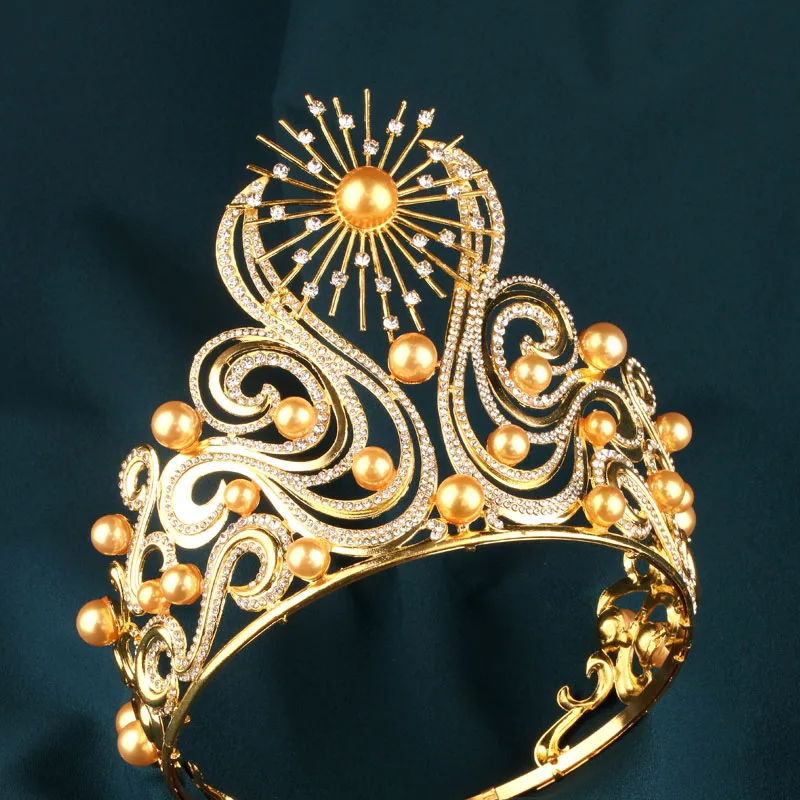 

Vintage European Sunburst Gold Tiara, Luxury Rhinestone Bridal Round Crown, Wedding Banquet Runway Pageant Ceremonial Headwear