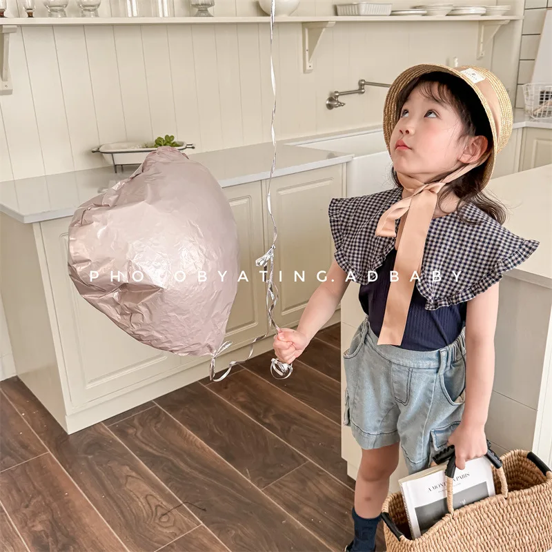 

2024 Summer Baby Girl Big Collar Sleeveless T Shirts Cotton Children's Vest Fashion Little Girls Tees Kids Tops Blouse 1-7 Years