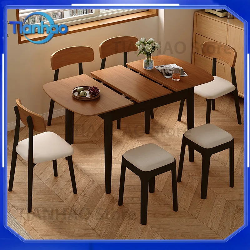 Vintage Style Solid Wood Dining Table for Small and Large Homes Extendable Folding Rectangular Table with Chairs