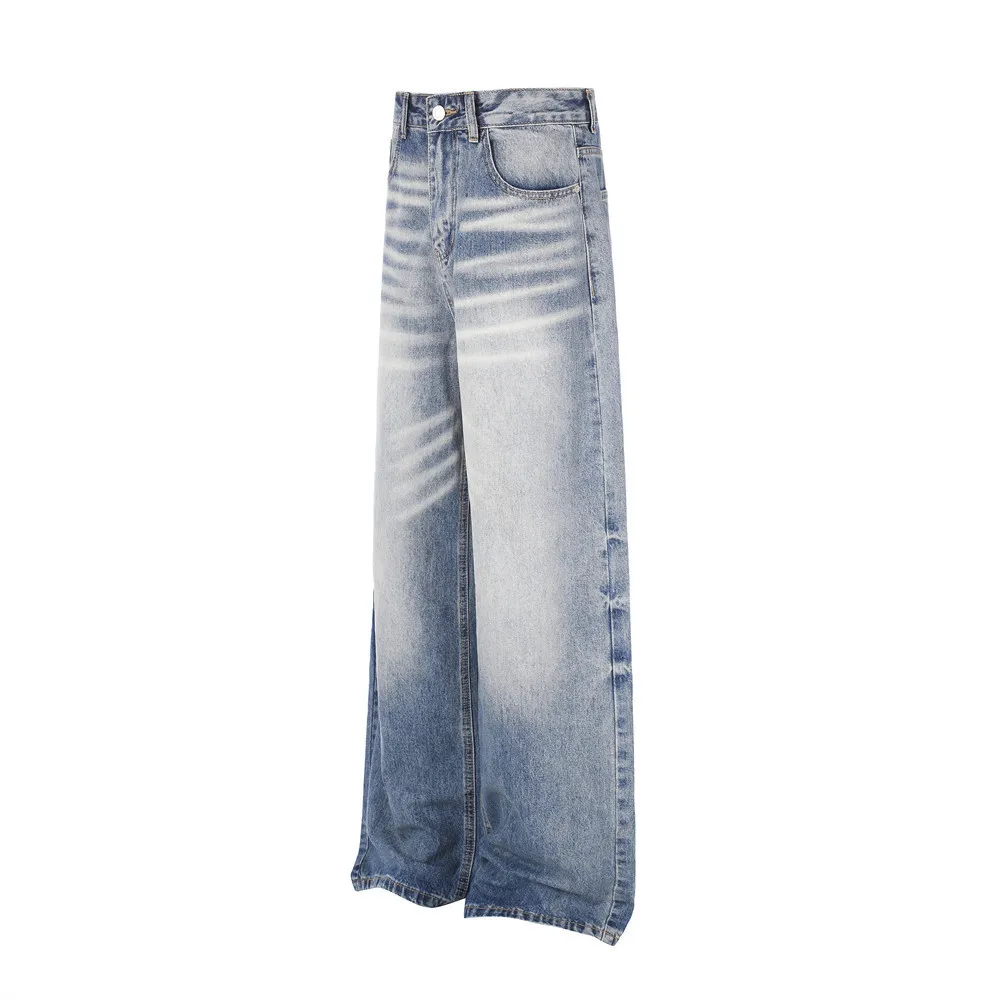 MWJLPWQ Gradient Washed Denim Wide-Leg Trousers Vintage American Style Trendy Men's Punk Distressed Loose Straight Pants 20984