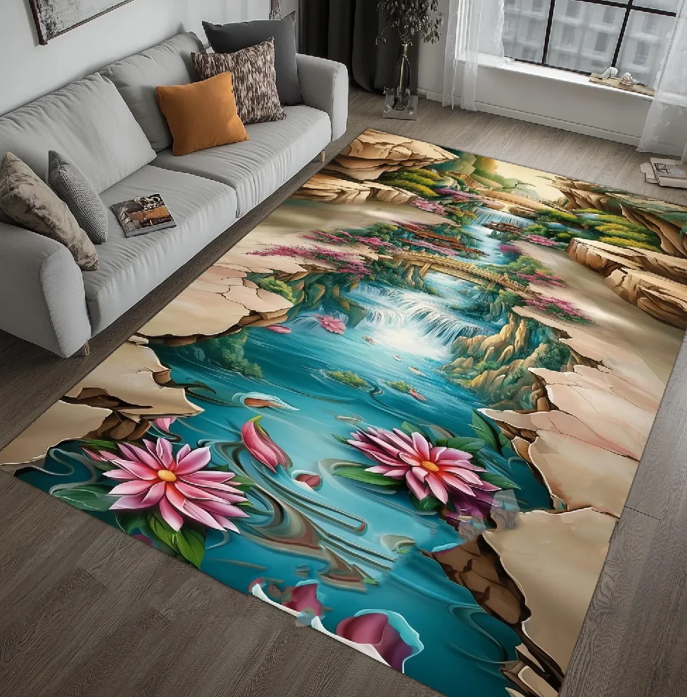 3D Floral Waterfall Rug Optical Illusion Street Art Area Rug Living Room, Bedroom, Home Decoration Mats