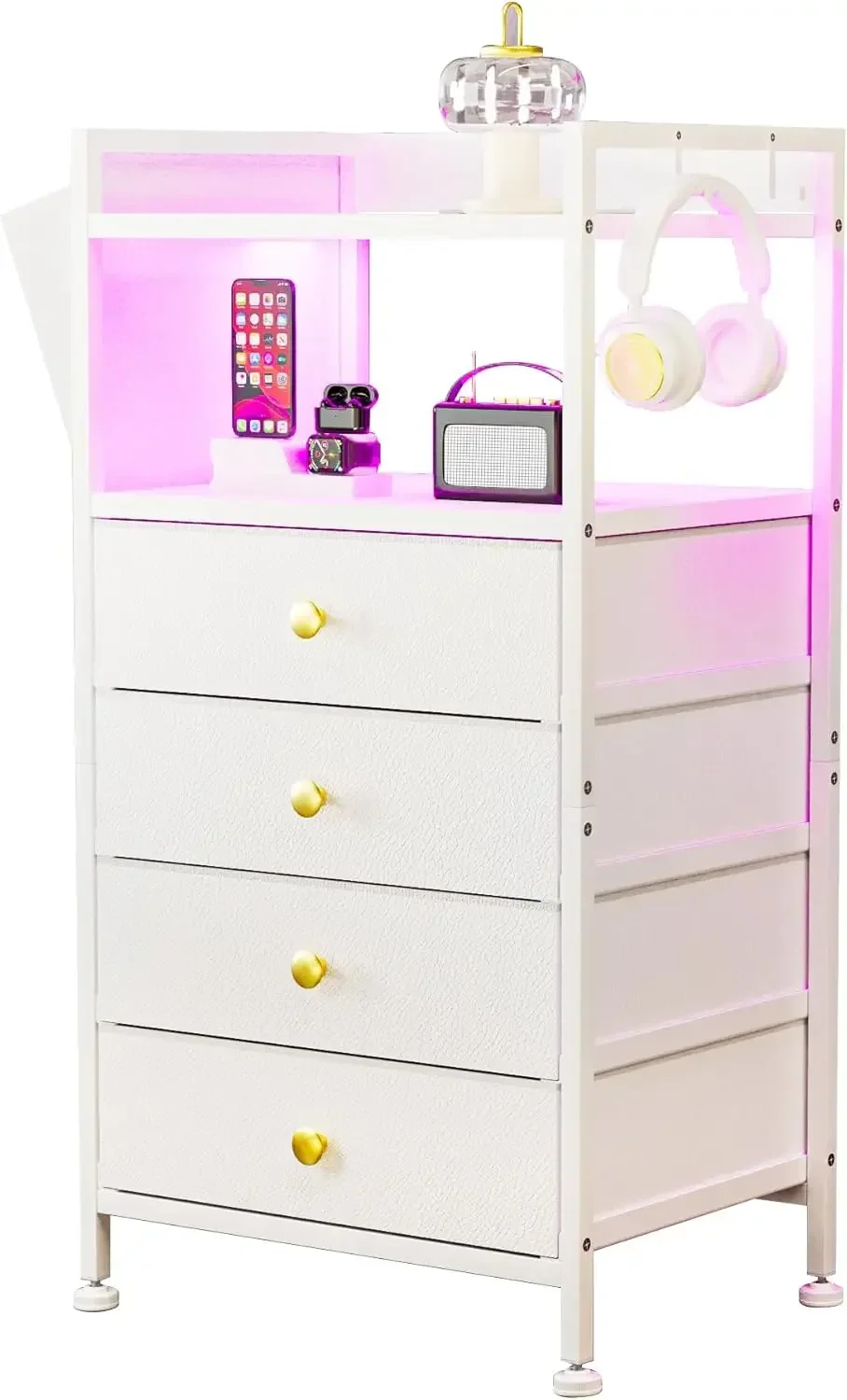 White Nightstand with Charging Station,LED Nightstand with 4 Fabric Storage Drawers,Small Dresser for Bedroom, Entryway, Hallway