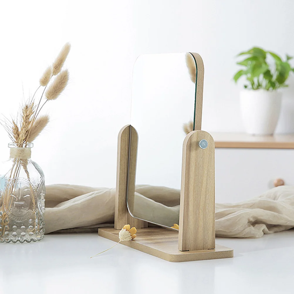 1 pçs espelho de maquiagem moldura de madeira resistente a riscos imagem clara rotativo espelho de mesa suporte estável para o quarto