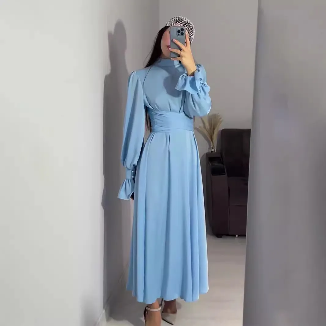 الأوروبية الأمريكية الجديدة ربيع الخريف طويلة الأكمام الخصر تعادل نفخة الأكمام بلون الجنية نمط فستان الساتان