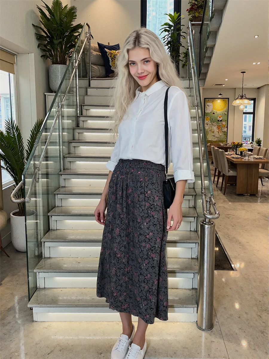 

Midi Floral Printed Skirts Womens Velvet Patchwork High Waist Flare Mesh Artistic Modern Chic Summer Lightweight Youth Girls Ins