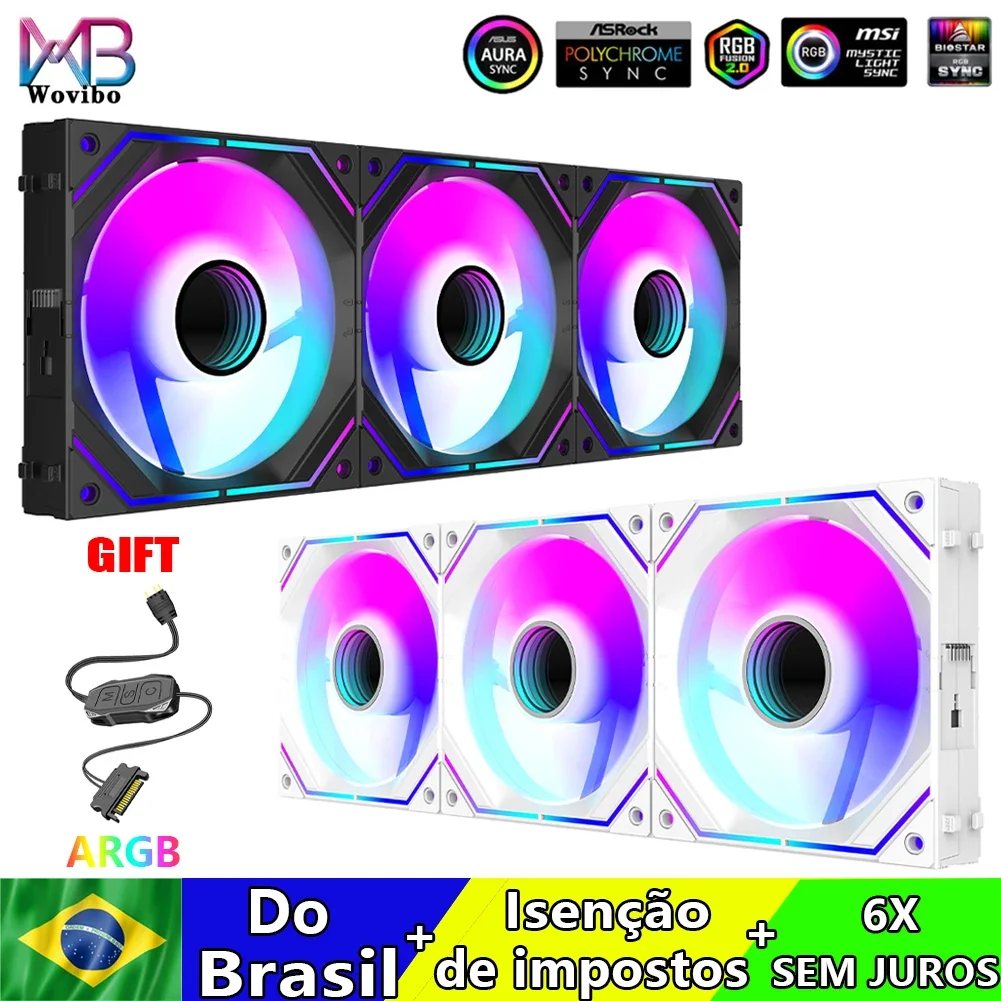 Wovibo 120mm Fans de refrigeração Uni de ARGB RGB Cooler Fan PWM 4PIN Wireless Splicing 5V PC PC Case Ventilator Infinity Mirror