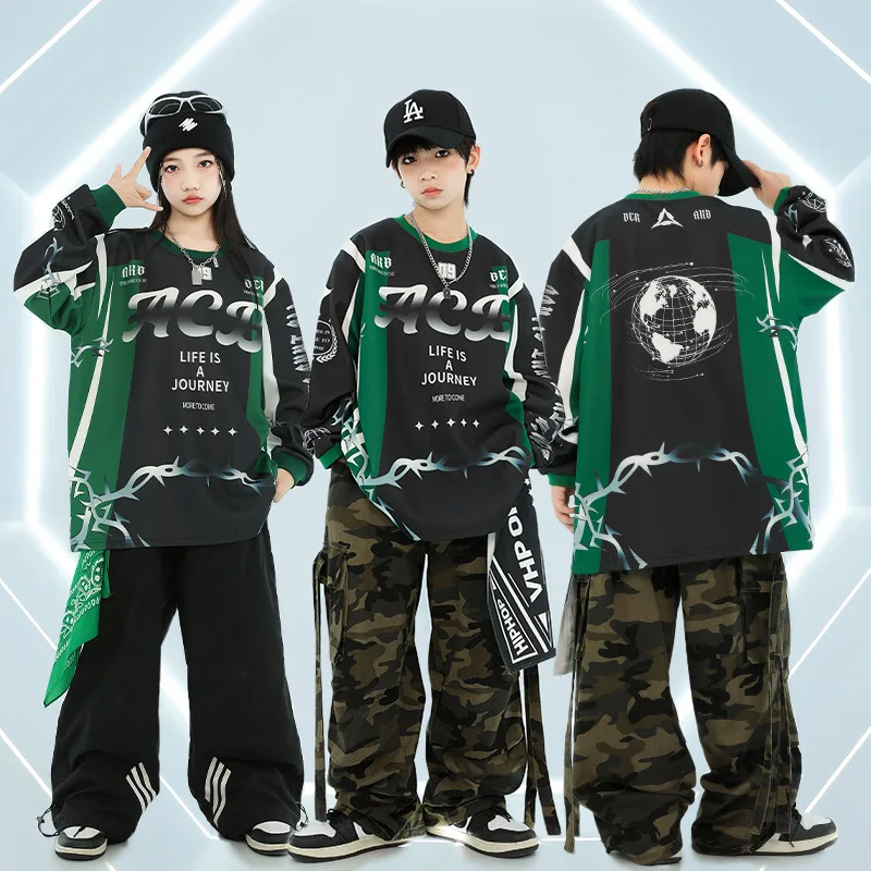 Hip Hop Ragazzi Felpa nera Pantaloni mimetici Ragazze Cappotto da ballo di strada Pantaloni in denim Set di vestiti Bambini Streetwear Costume jazz per bambini