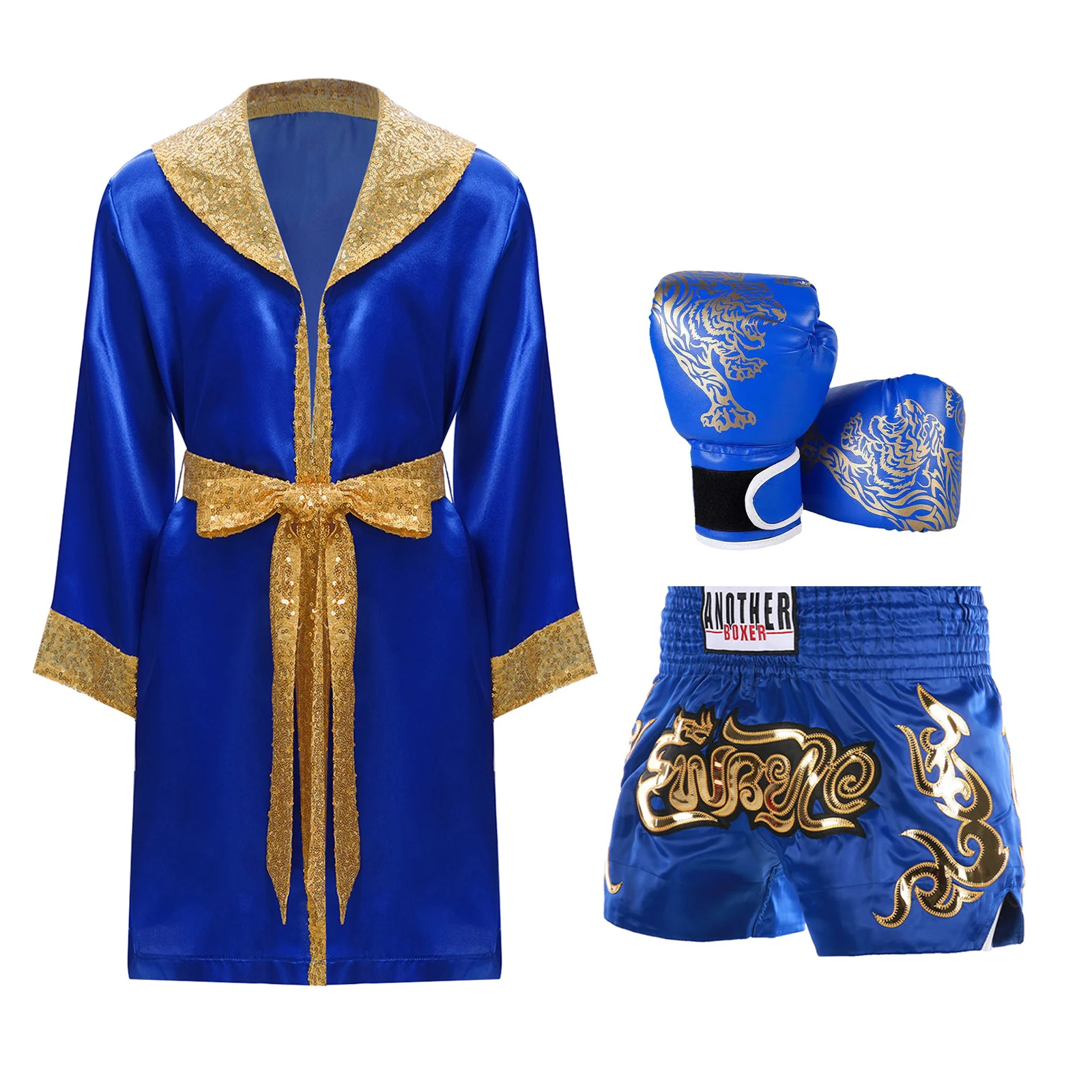 Kids Boys Boxing Training Outfits Sequins Trim Belted Robe with Satin Shorts And Gloves Sports Set for Halloween Cosplay Party
