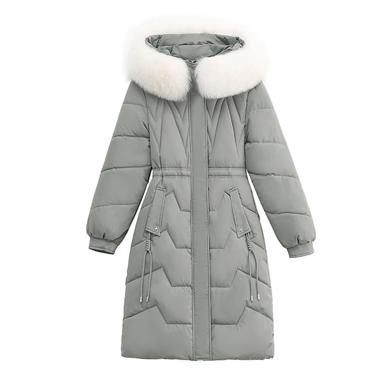 Parkas Women\'s Down Cotton Jacket New Solid Hooded Faux Fur Collar Mid Long Cotton Padded Jacket Female Warm Winter Jacke Coats