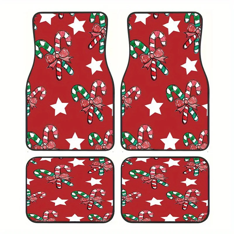 4pcs Christmas Car Floor Mats- Candy Cane& Star Pattern, Red& Green Holiday Design, Fit For All Vehicles
