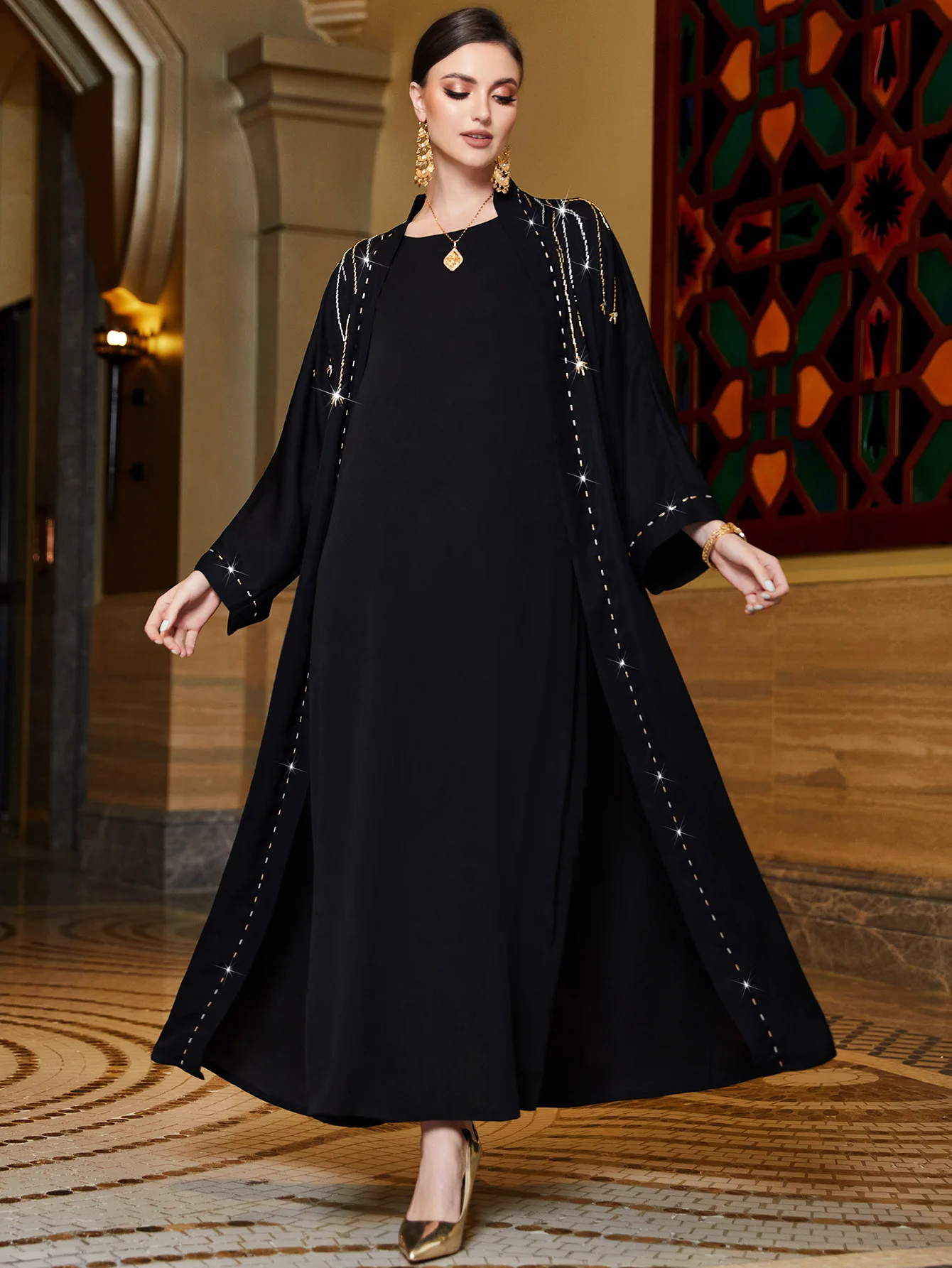 

Luxury Dubai Arab Islam Abaya Women Muslim Long Dress Sequin Beading Kaftan Robes Elegant Splice Maxi Islamic Clothing Caftan