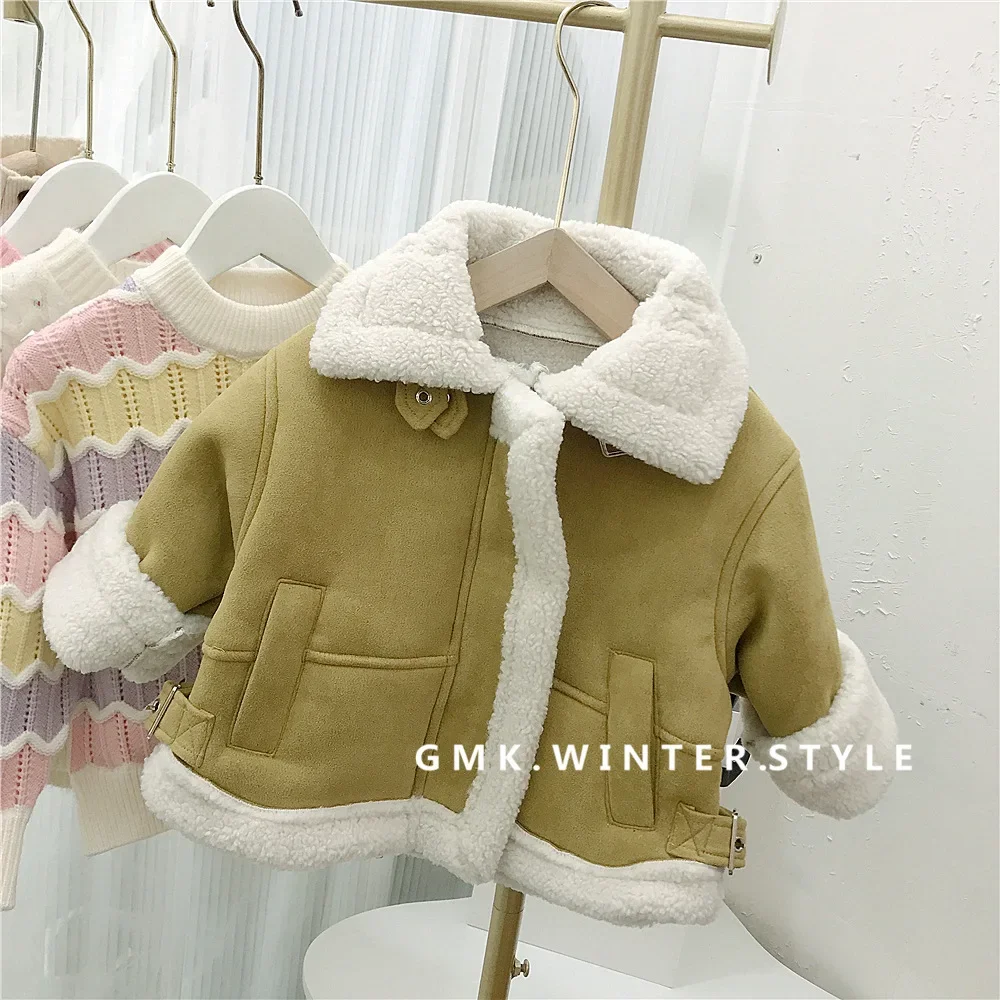 

New Autumn and Winter Girls Jackets Stylish Thickened Lamb Wool Boys and Girls One-piece Fleece Leather Jackets Trendy