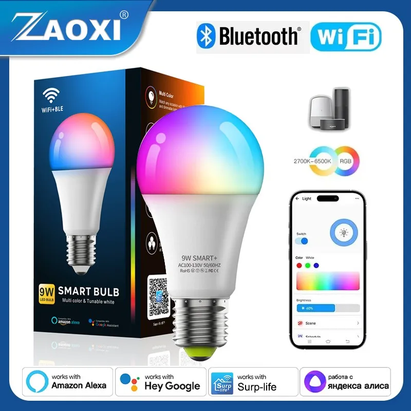 

ZAOXI WIFI Bluetooth RGBCW Dimming LED Light E27 9W 110V Smart Light Bulb Support Alexa Google Assistant With C2/A3 Remote