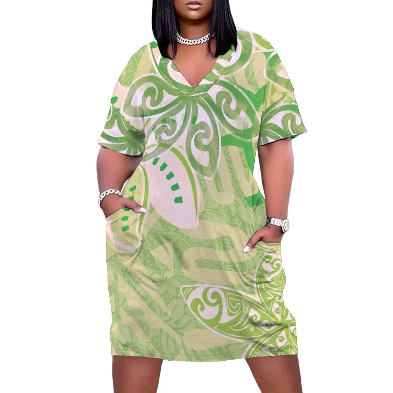 

Hawaiian - Samoan - Polynesian Tribal Green Print Loose Pocket Dress Evening dresses sexy short dresses daring long sleeve dress