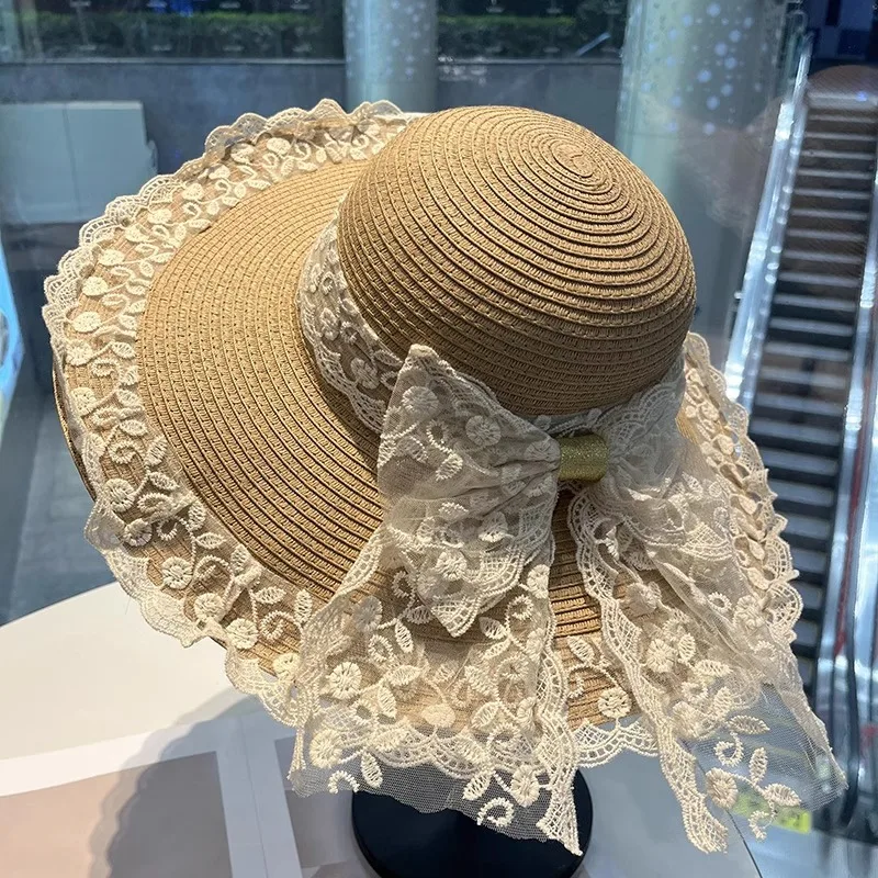 

Lace Straw Hat Summer Sun Hats Woman Wide Brim Straw Beach Side Cap Floppy Female Straw Hat Lace Solid Fringe Summer Cap