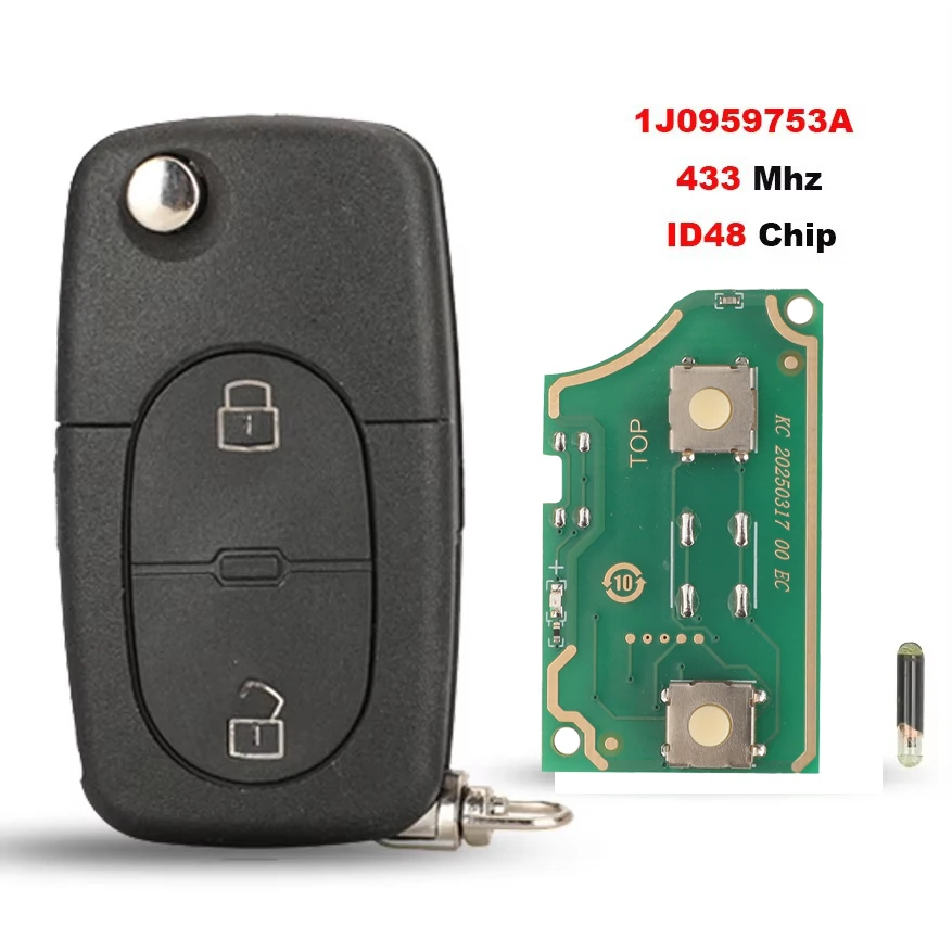 

jingyuqin 2B Remote Car Key Keyless For VW Volkswagen Golf MK4 Passat 1998 1999 2000 2001 1J0959753A 433Mhz ID48 Chip Full Key