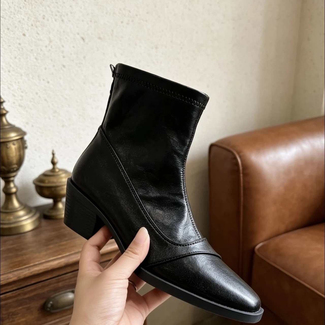 New Retro Square-Toe Short Boots for Women,Chunky Heel,Back Zipper, tretchy Slim Fit, Soft Skin-Friendly Leather, Commuter Style