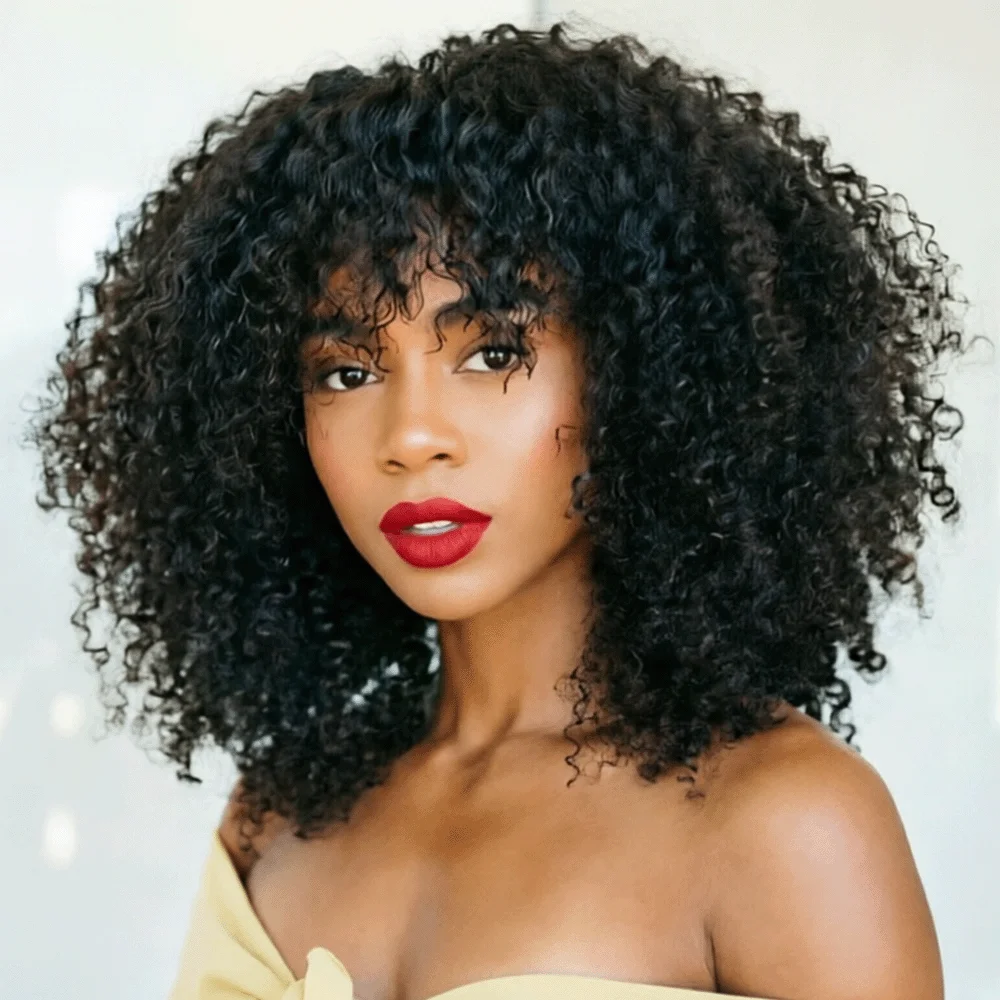 300 Dichte Afro Kinky Curly Kurze Bob Glueless Perücken, Maschinell Gefertigte Remy Brasilianische Echthaar-Perücken mit Pony für Schwarze Frauen, Fransen-Perücke zum Soforttragen