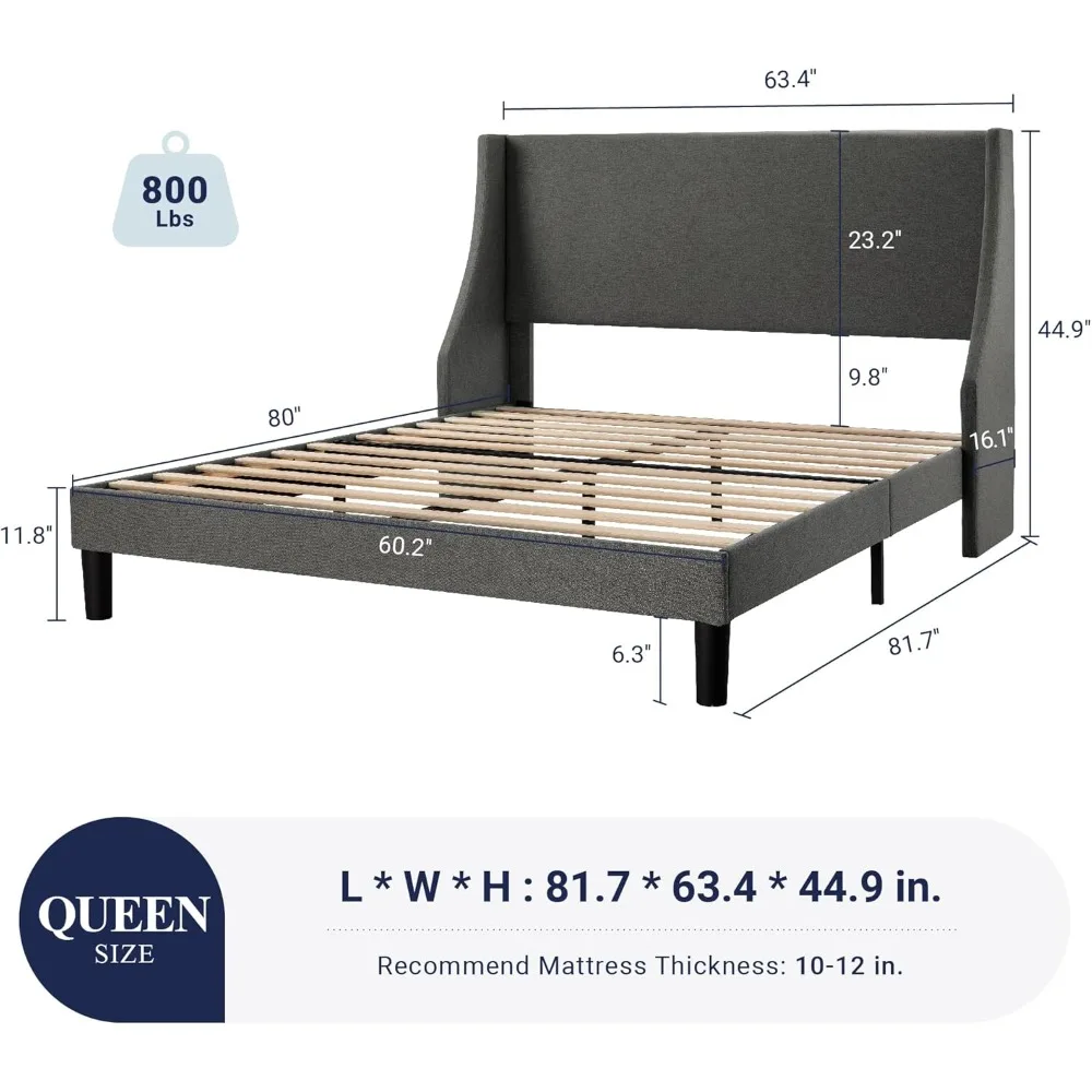 Allewie Queen Bed Frame, Platform Bed Frame Queen Size with Upholstered Headboard, Modern Deluxe Wingback, Wood Slat Support,