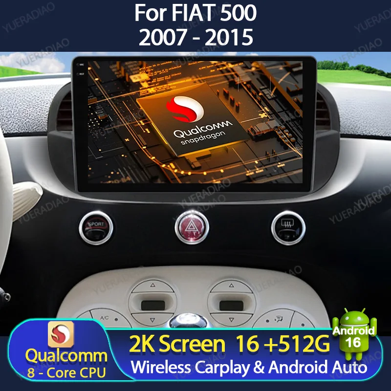 Android 16 Car Radio For FIAT 500 2007 - 2015 Qualcomm 2DIN Multimedia Stereo Video Player 4G WIFI QLED BT GPS NAVI Head Unit