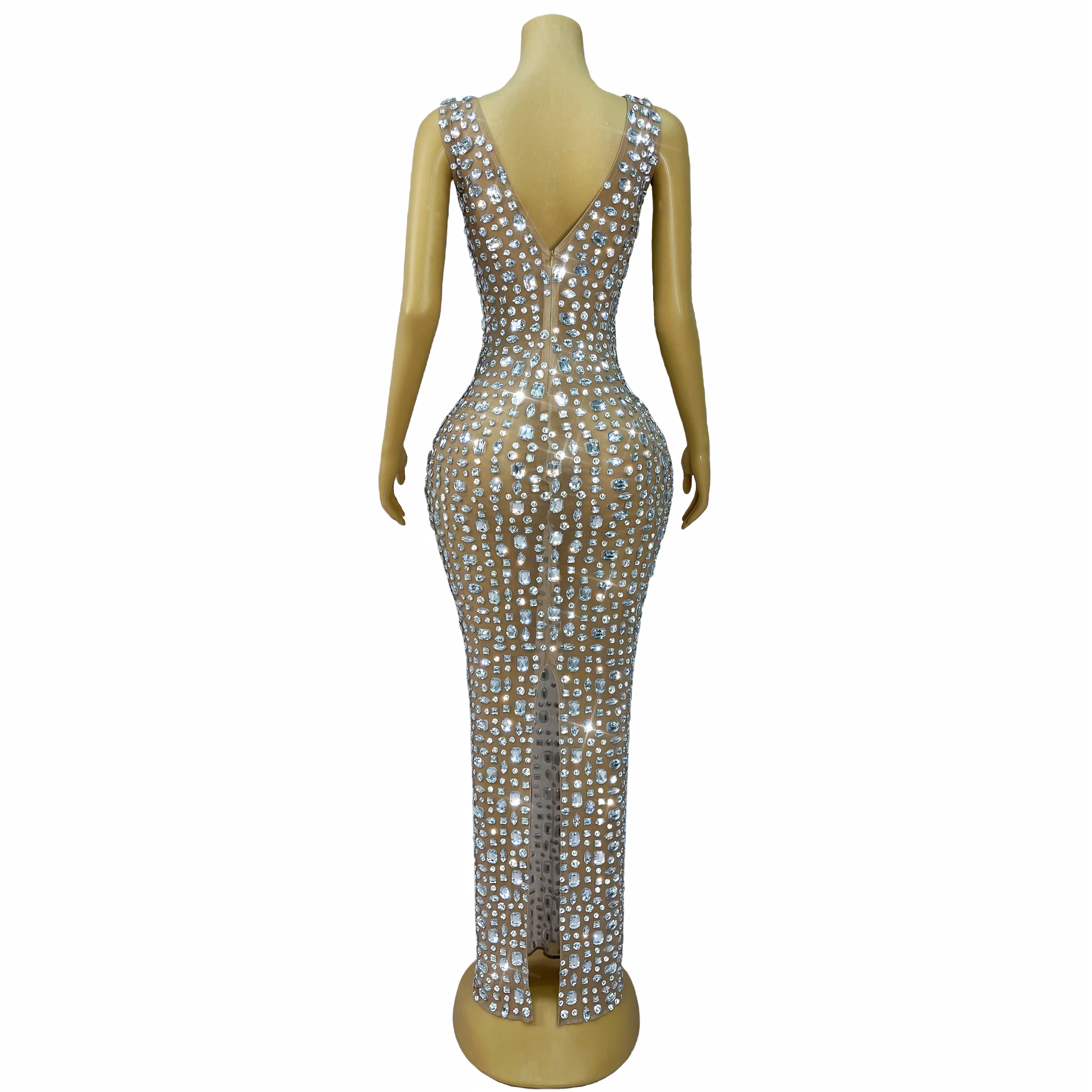 Simple style Shining Rhinestones Sexy Nude Mesh Dress Evening Birthday Celebrate Gown Red carpet Stage Elegant Outfit Baidou