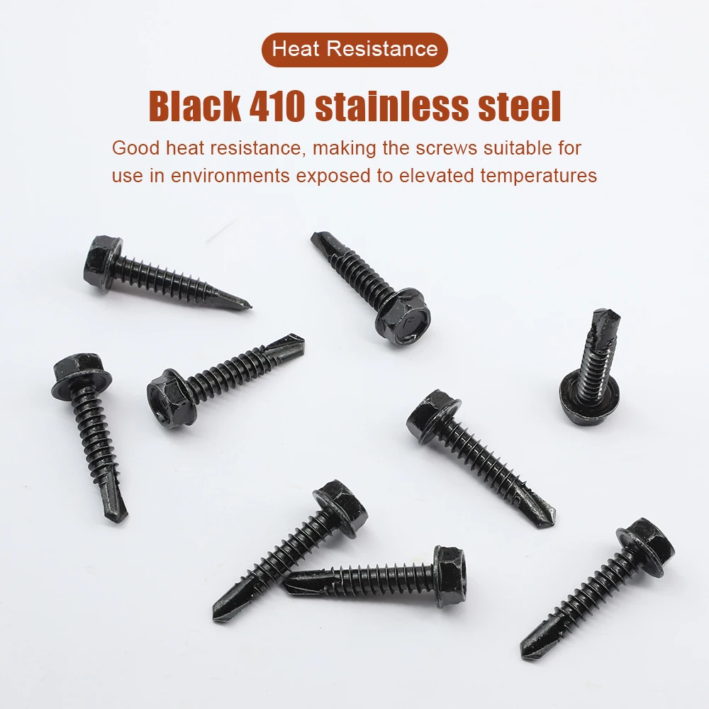 8 # 10 # 12 # 14 # مسامير حفر ذاتية برأس غسالة سداسية m4.2 m4.8 m5.5 m6.3 أسود زنك 410 ورقة معدنية برغي ذاتي التنصت للخشب #4