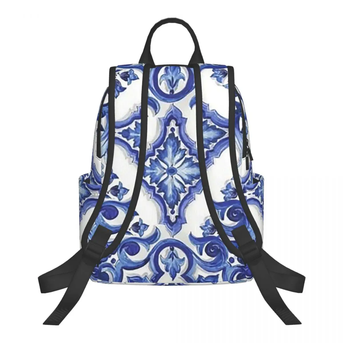 Blue Ornate Floral Mediterranean Sicilian Tile Student Backpack School Bag Hiking Travel Daypack for Boys Girls Bookbag