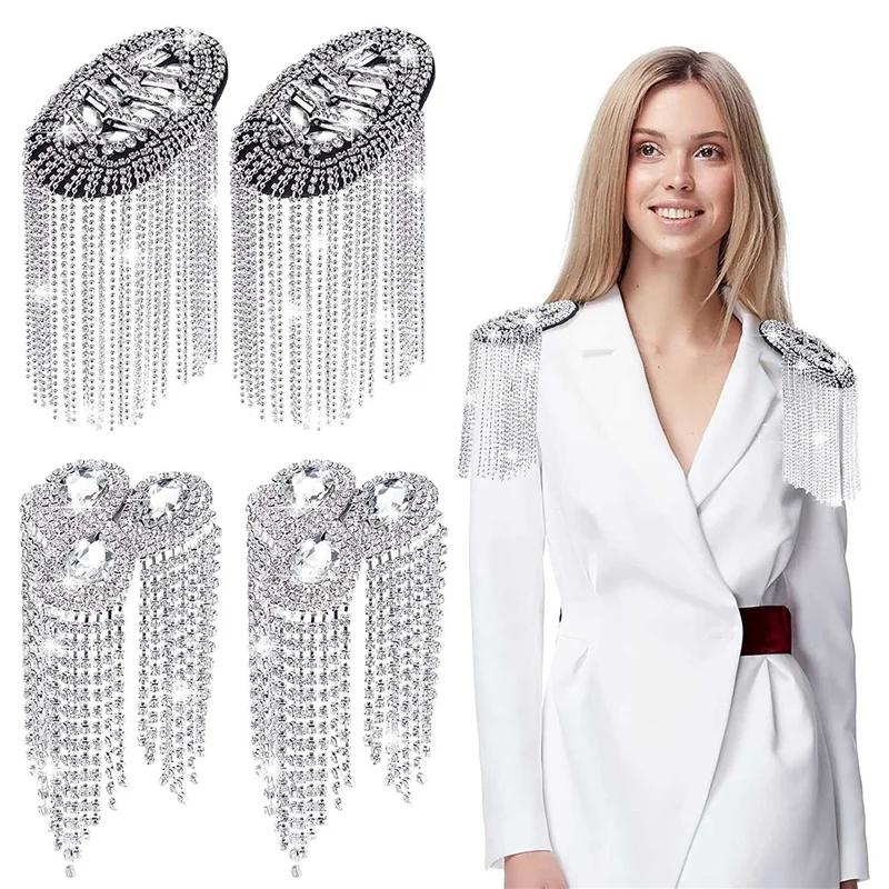 4 Pieces Crystal Fringe Epaulets Fringe Shoulder Jewelry Rhinestone Shoulder Plate Clothing Epaulets Decor , (Silver)