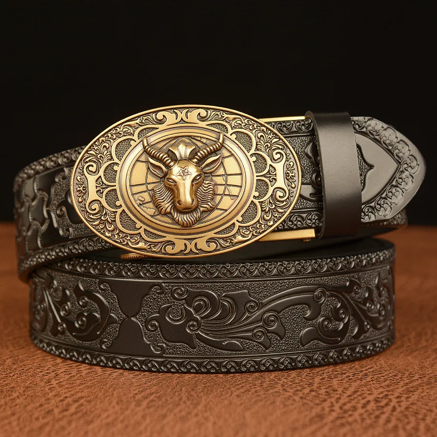 Cinturón de cuero genuino de alta calidad para hombres, cabeza de oveja Retro, hebilla automática, moda clásica, tallado personalizado, cinturón