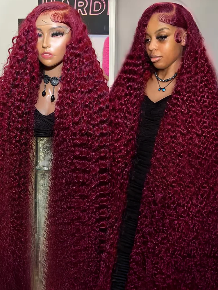 

38-дюймовый парик из натуральных волос с глубокой волной 99j бургундского цвета, с HD-кружевом 13x4 и 13x6, цветной, с эффектом волнистых прядей, без клея, размер 7x5, готовый к носке