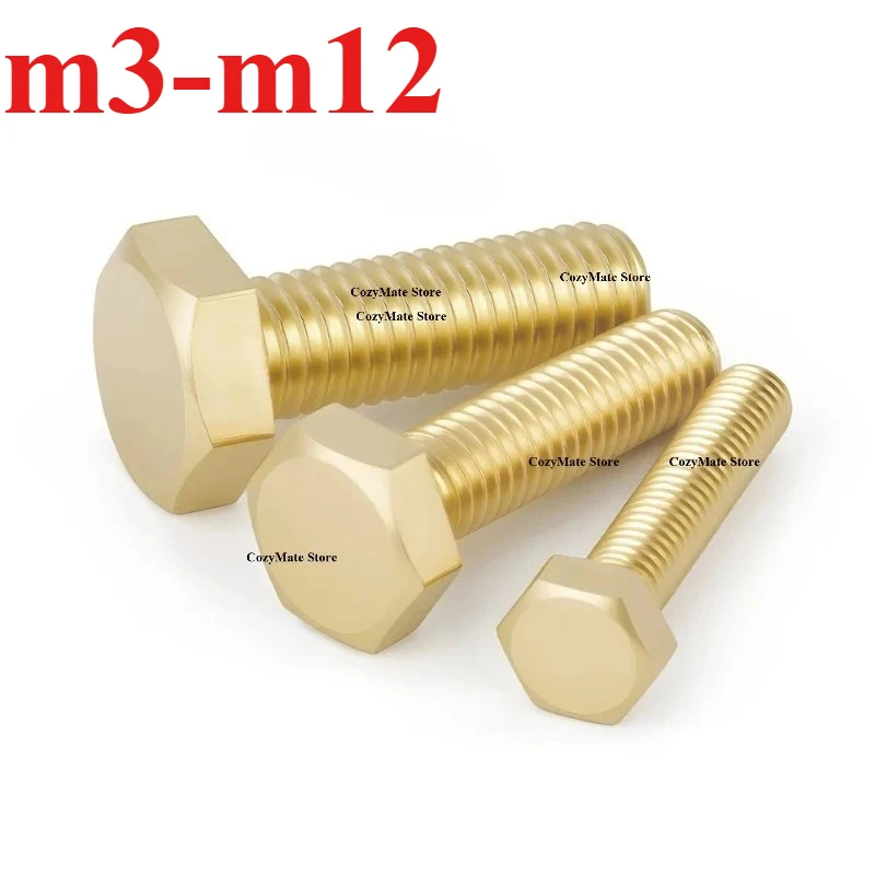 Brass External Hex Head Bolts Machine Screws with Full Thread M3 M4 M5 M6 M8 M10 M12 M14 M16 Hexagon Bolt Screws for Machinery