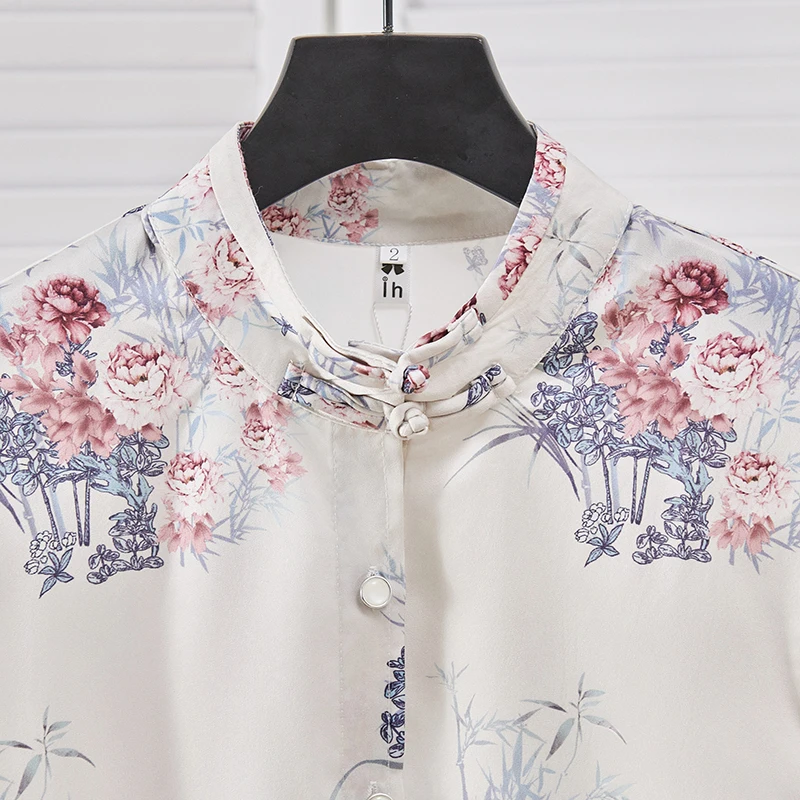 Vintage Chinese Style Women\'s Shirt Disc Button Stand Collar Top Ink Printing Imitation Silk Shirt Temperament Women Clothing