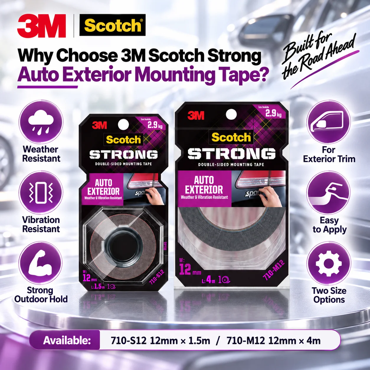 3M Scotch 710-S12 710-M12 Strong Auto Exterior Double Sided Mounting Tape Weather Resistant For Car Trim Emblems 12mm x 1.5m/4m