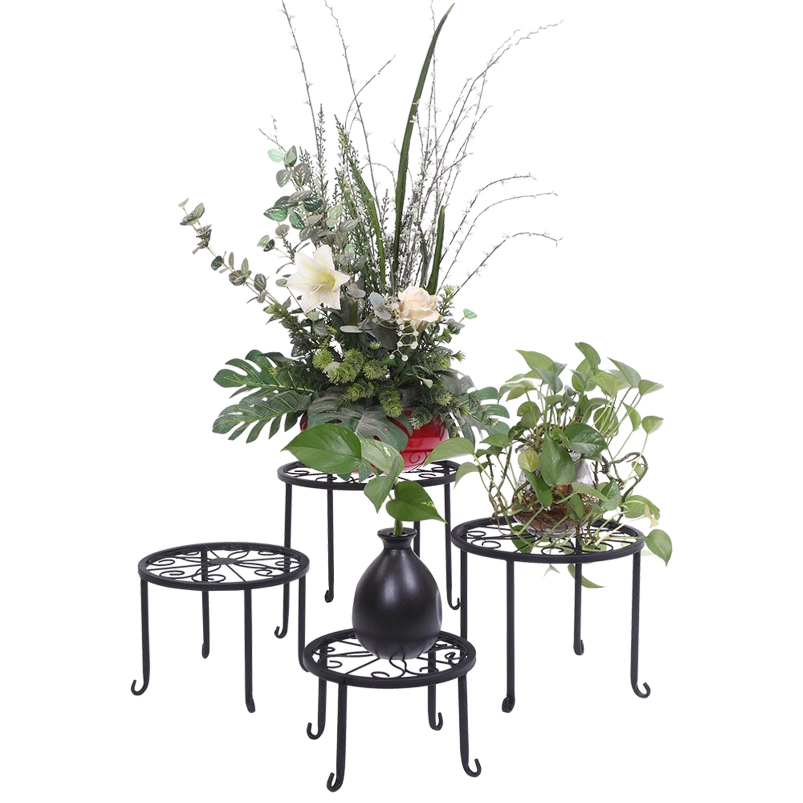 

4 Plant Shelves with Round Pattern in Black Baking Paint – Durable Metal Plant Stand for Indoor & Outdoor Use
