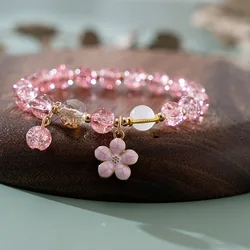 New Trendy Cherry Blossom Crystal Beaded Bracelet for Women Sweet Pink Flower Charm Elastic Bracelet Birthday Jewelry Gift