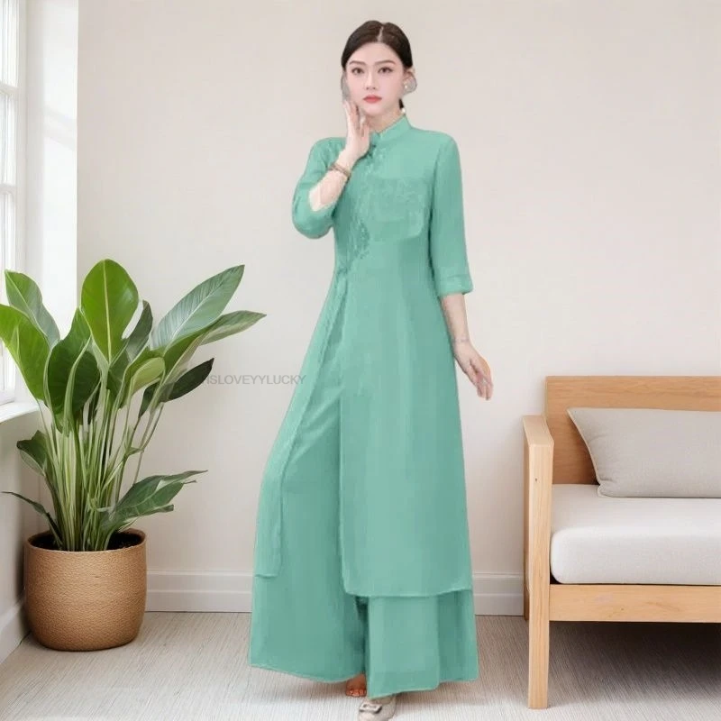 

Vietnam Ao Dai Traditional Chinese women's Clothing Green Dress Set New National Style Zen Tea Clothing Oriental Dress Set