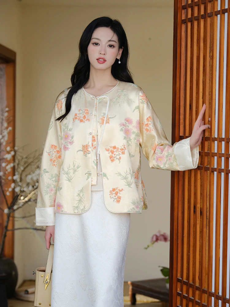 Zijde lente zomer originele Sle Chinese New School dames Jaet high-end gekreukelde geplooide top met knopen Tang-kostuum