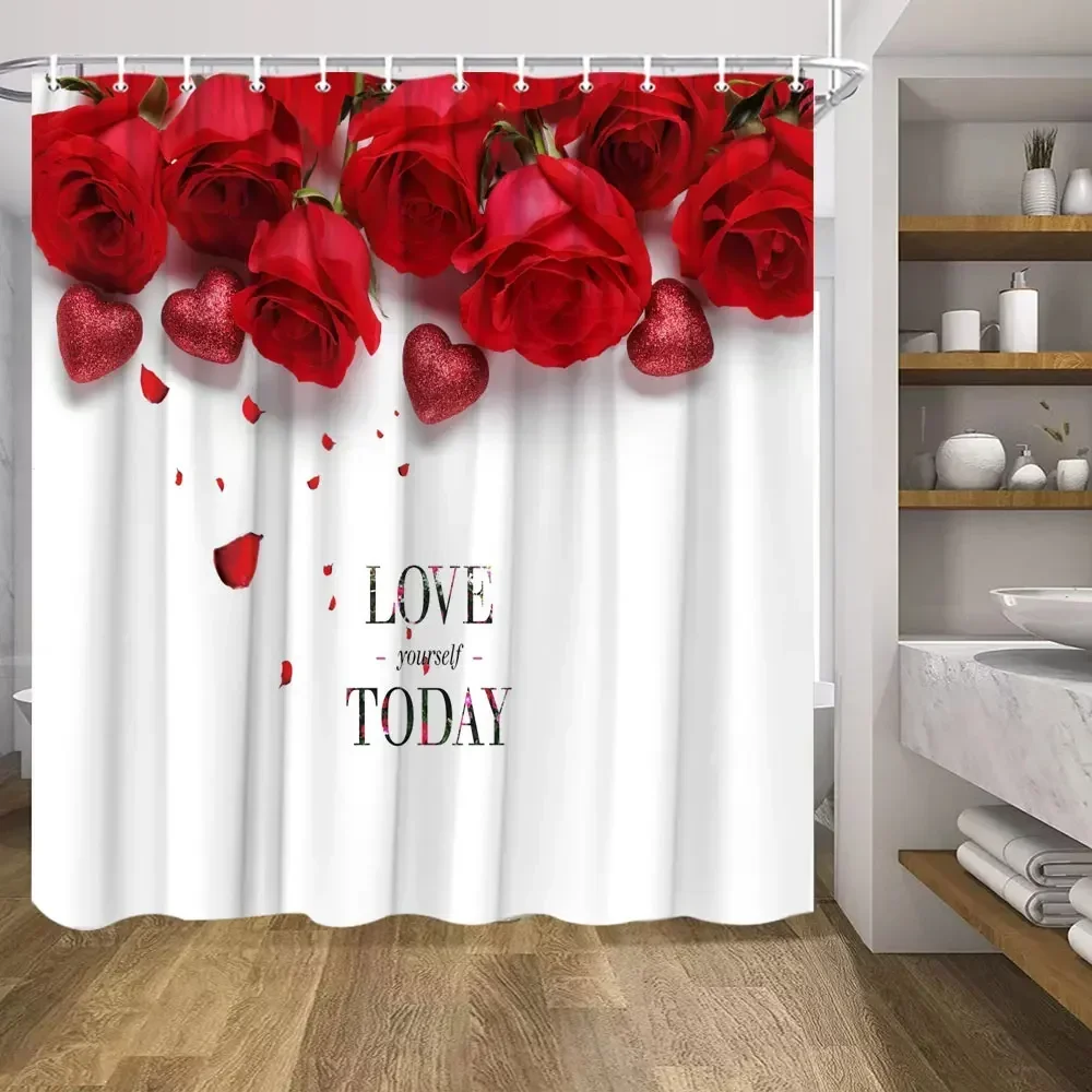 Valentine's Day Shower Curtain, Red Roses Pink Balloons Love Tree Bicycle Romantic Truck Polyester Printed Fabric Bathroom Decor