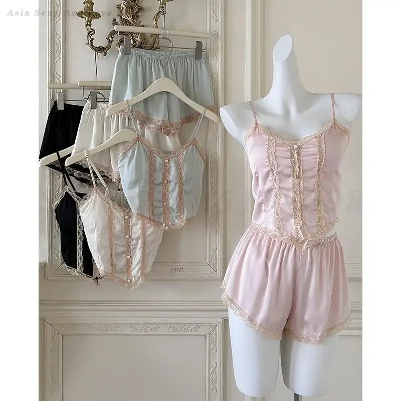 

Lace Cami&Shorts Pyjamas Sexy Palace Style Sleepwear Intimate Lingerie Loose Casual Home Clothes Silk Satin Nightwear Loungewear
