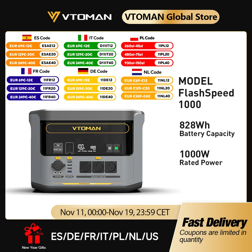 VTOMAN FlashSpeed 1000 Portable Power Station 2000W 828Wh LiFeP04 Battery For Outdoor Camping Tent Travel