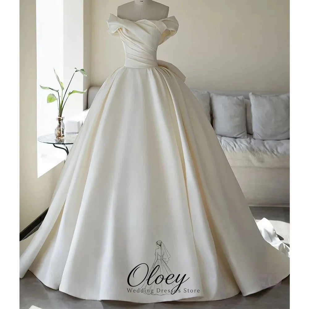 OLOEY Elegant Off The Shoulder Satin Wedding Dresses For Woman Pleat Bow Ball Gown Bridal Gown Customized Vestidos De Novia