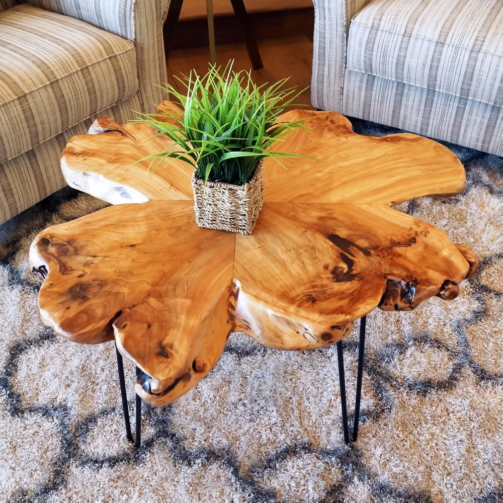 

Natural edge coffee table made of cedar stumps and sturdy metal hairpin legs, for living room,easy to care for natural finish