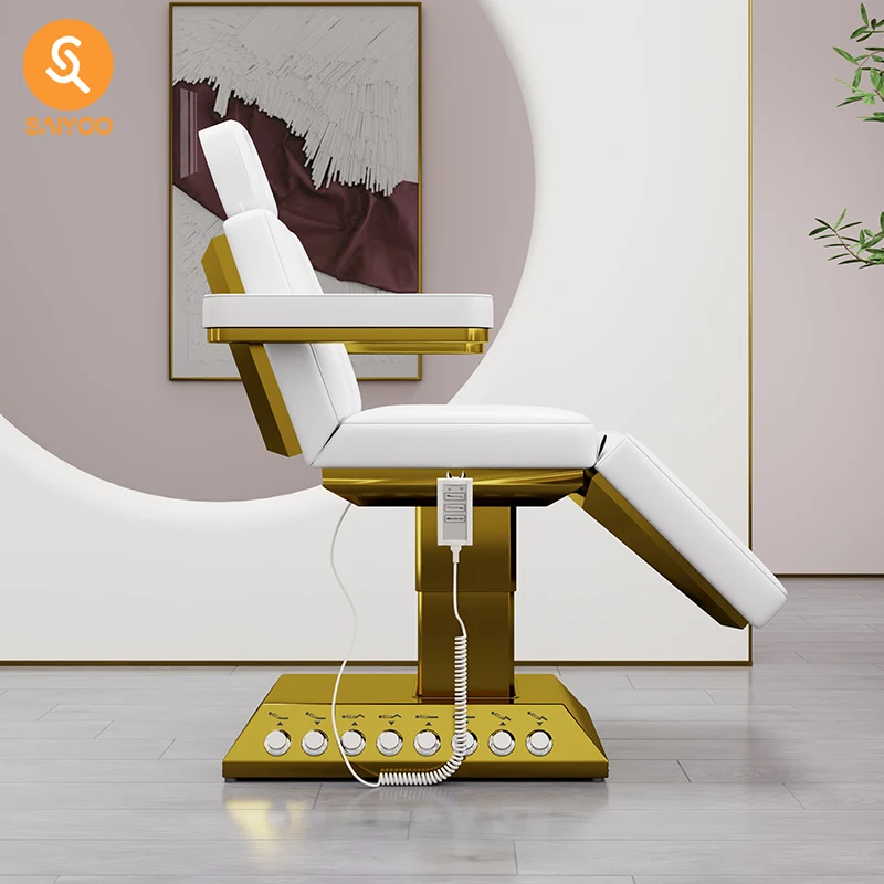 

Роскошное электрическое массажное кресло для спа с белой кожаной подушкой и золотой основой