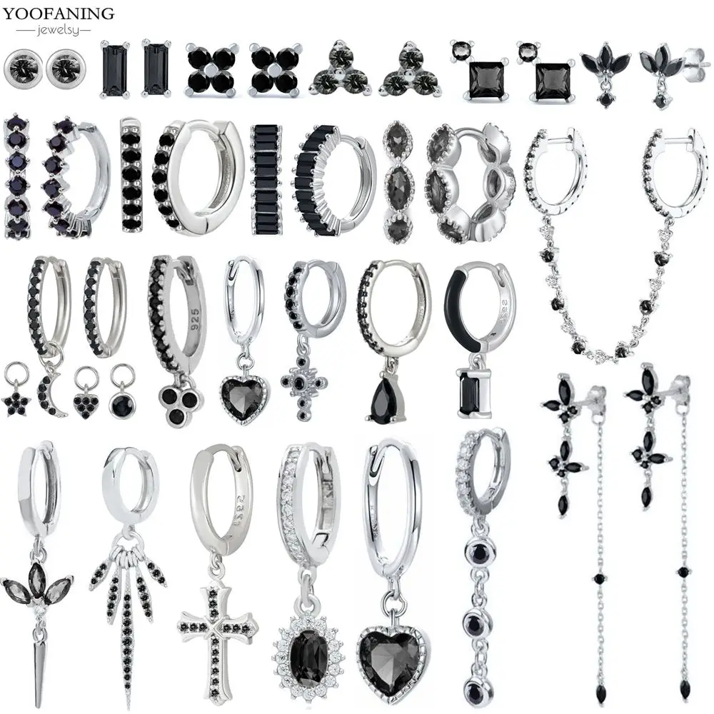 

Серьги-кольца из стерлингового серебра 925 пробы, расширенные темные серьги-кольца серии, черный циркон, классические серьги в стиле ретро для женщин, ювелирные изделия