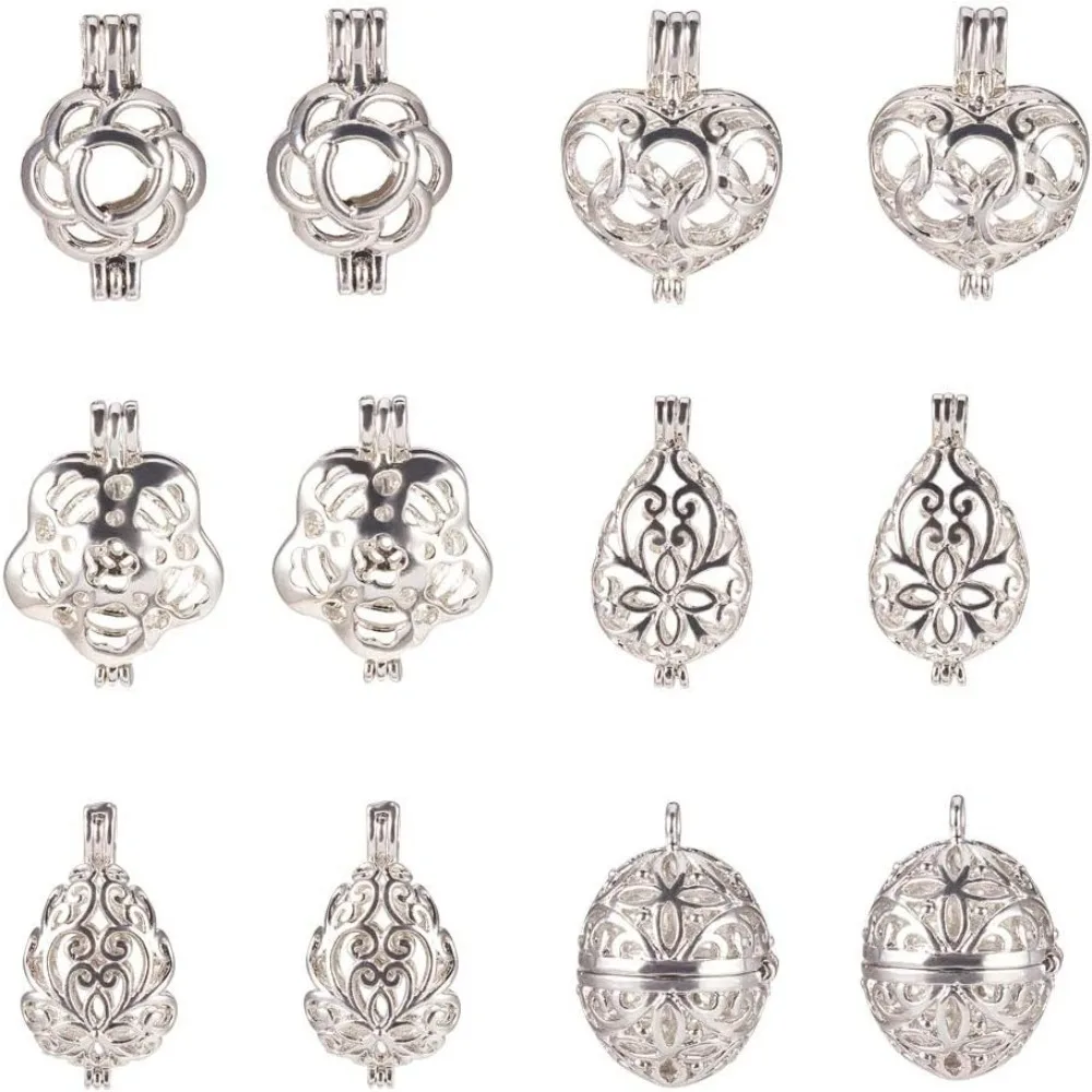 12pcs 6 Shapes Platinum Hollow Brass Bead Cages Pendant Aromatherapy Essential Oil Diffuser Locket Cage Charms for DIY